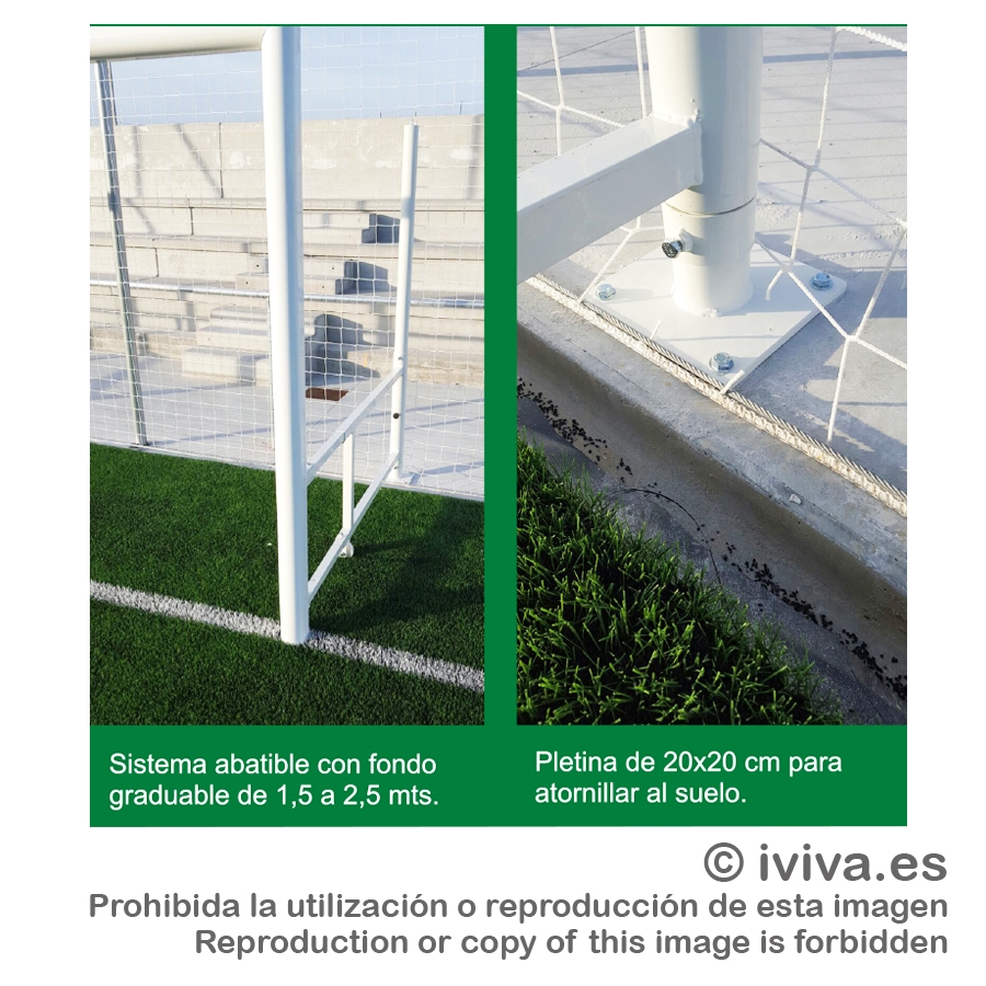 Porterías fútbol 11 aluminio abatibles lateralmente 120 x 100 mm. Arquillos acero lacados.